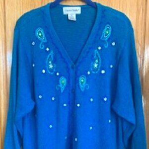 Graver Studio Blue Cardigan Sweater Top Cotton Blend Button-Up Sz: XL